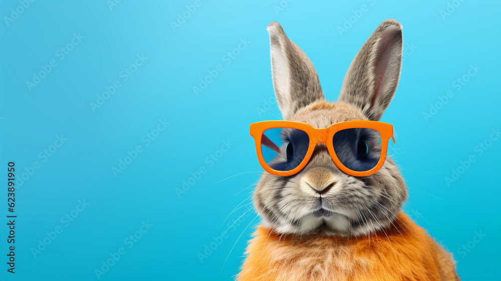 Funny and colorful Rabbit with sunglasses and a colorful and bright background. Summer vacation concept. generative ai