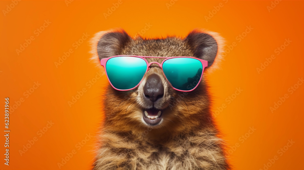 Funny and colorful Quokka with sunglasses and a colorful and bright background. Summer vacation concept. generative ai