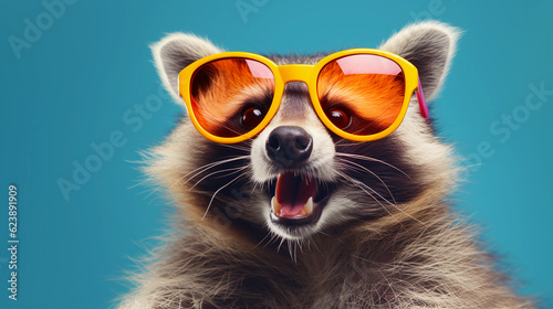 Funny and colorful Raccoon with sunglasses and a colorful and bright background. Summer vacation concept. generative ai