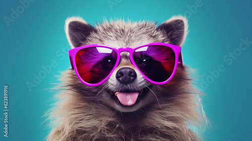 Funny and colorful Raccoon dog with sunglasses and a colorful and bright background. Summer vacation concept. generative ai