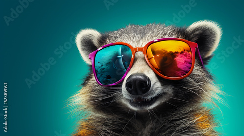 Funny and colorful Raccoon dog with sunglasses and a colorful and bright background. Summer vacation concept. generative ai