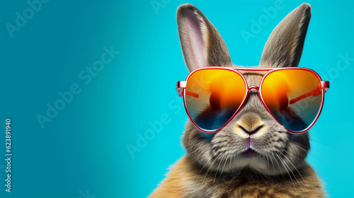 Funny and colorful Rabbit with sunglasses and a colorful and bright background. Summer vacation concept. generative ai