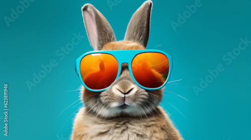 Funny and colorful Rabbit with sunglasses and a colorful and bright background. Summer vacation concept. generative ai
