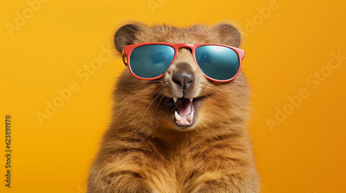 Funny and colorful Quokka with sunglasses and a colorful and bright background. Summer vacation concept. generative ai