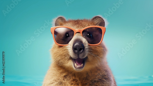 Funny and colorful Quokka with sunglasses and a colorful and bright background. Summer vacation concept. generative ai