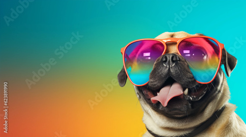 Funny and colorful Pug with sunglasses and a colorful and bright background. Summer vacation concept. generative ai © cwiela_CH