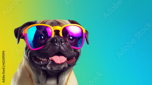 Funny and colorful Pug with sunglasses and a colorful and bright background. Summer vacation concept. generative ai © cwiela_CH
