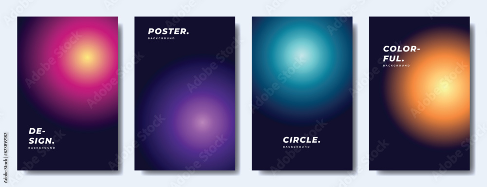 Colorful blur circle gradient background template copy space set. Radial colour gradation backdrop design for poster, banner, brochure, leaflet, magazine, booklet, or cover.