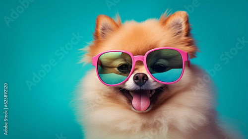 Funny and colorful Pomeranian pygmy spitz with sunglasses and a colorful and bright background. Summer vacation concept. generative ai