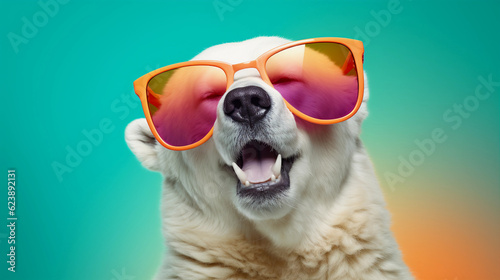 Funny and colorful Polar bear with sunglasses and a colorful and bright background. Summer vacation concept. generative ai