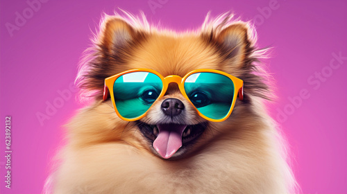 Funny and colorful Pomeranian pygmy spitz with sunglasses and a colorful and bright background. Summer vacation concept. generative ai © cwiela_CH