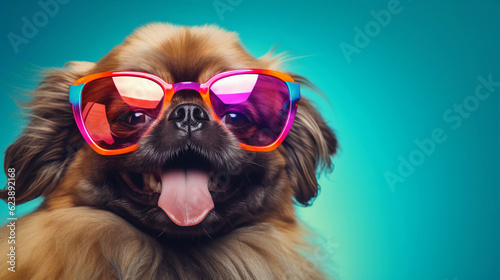 Funny and colorful Pekinese with sunglasses and a colorful and bright background. Summer vacation concept. generative ai © cwiela_CH