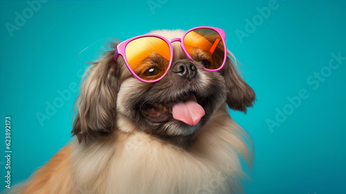 Funny and colorful Pekinese with sunglasses and a colorful and bright background. Summer vacation concept. generative ai © cwiela_CH