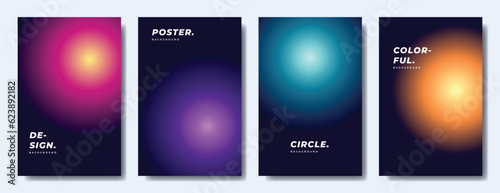 Colorful blur circle gradient background template copy space set. Radial colour gradation backdrop design for poster, banner, brochure, leaflet, magazine, booklet, or cover.