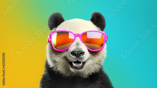 Funny and colorful Panda bear with sunglasses and a colorful and bright background. Summer vacation concept. generative ai