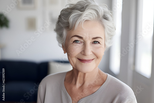 Portrait of Smiling Senior Woman Looking at Camera in the Living Room: AI Generated Image © Nikki AI