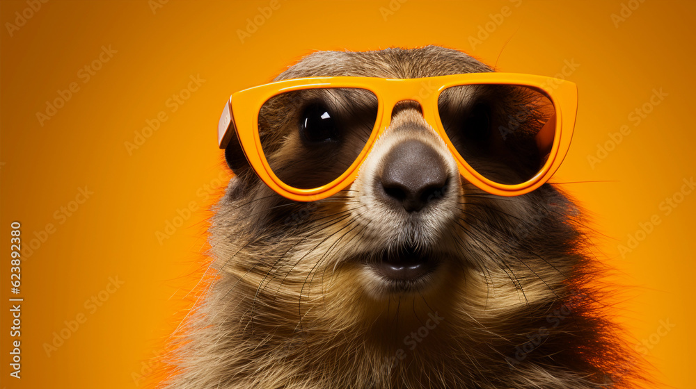 Funny and colorful Marmot with sunglasses and a colorful and bright background. Summer vacation concept. generative ai