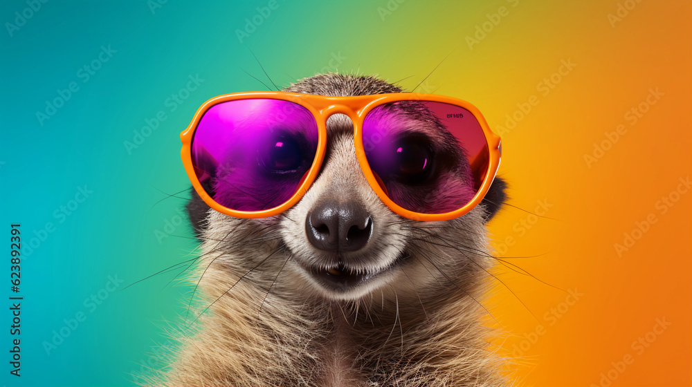 Funny and colorful Meerkat with sunglasses and a colorful and bright background. Summer vacation concept. generative ai Funny and colorful Meerkat with sunglasses and a colorful and bright background. Summer vacation concept. generative ai