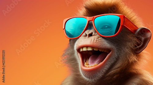 Foto Funny and colorful Monkey with sunglasses and a colorful and bright background