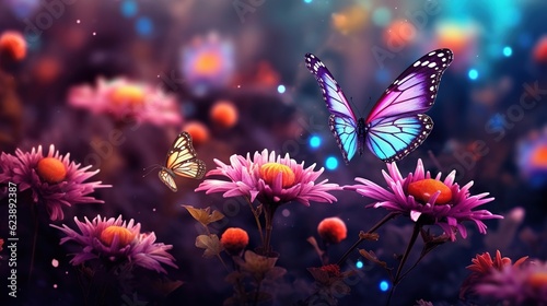 Butterfly flying over beautiful wildflowers. Created with Generative Ai technology.