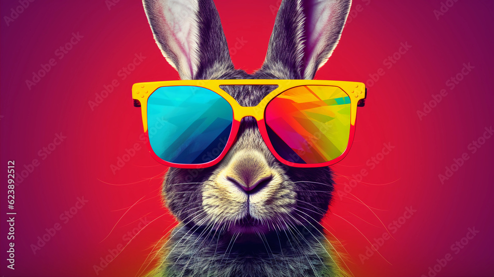 Funny and colorful Hare with sunglasses and a colorful and bright background. Summer vacation concept. generative ai