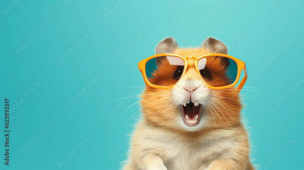 Funny and colorful Hamster with sunglasses and a colorful and bright background. Summer vacation concept. generative ai Funny and colorful Hamster with sunglasses and a colorful and bright background. Summer vacation concept. generative ai