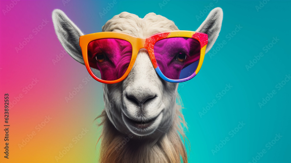 Funny and colorful Goat with sunglasses and a colorful and bright background. Summer vacation concept. generative ai