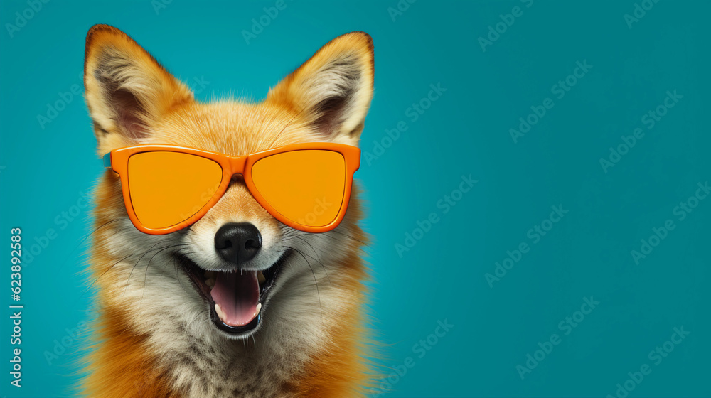 Funny and colorful Fox with sunglasses and a colorful and bright background. Summer vacation concept. generative ai Funny and colorful Fox with sunglasses and a colorful and bright background. Summer vacation concept. generative ai