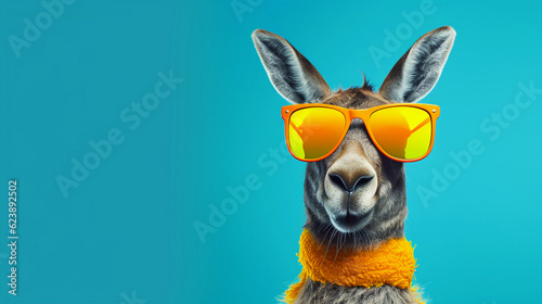 Funny and colorful Hare with sunglasses and a colorful and bright background. Summer vacation concept. generative ai photo