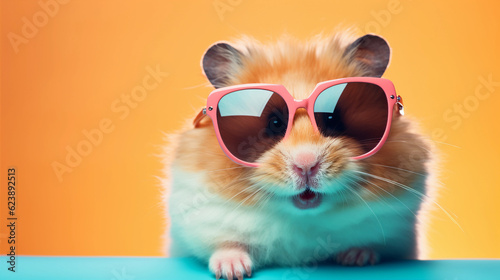 Funny and colorful Hamster with sunglasses and a colorful and bright background. Summer vacation concept. generative ai