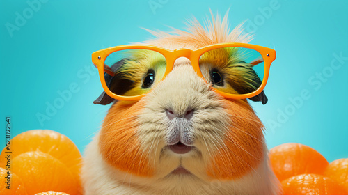 Funny and colorful Guinea pig with sunglasses and a colorful and bright background. Summer vacation concept. generative ai photo