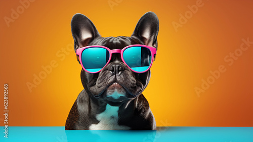 Funny and colorful french bulldog with sunglasses and a colorful and bright background. Summer vacation concept. generative ai © cwiela_CH