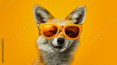 Funny and colorful Fox with sunglasses and a colorful and bright background. Summer vacation concept. generative ai © cwiela_CH