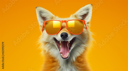 Funny and colorful Fox with sunglasses and a colorful and bright background. Summer vacation concept. generative ai