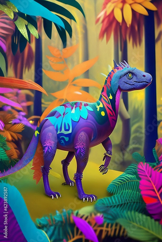 Colorful dinosaur in the forest  kirigami style
