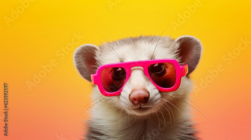 Funny and colorful Ferret with sunglasses and a colorful and bright background. Summer vacation concept. generative ai