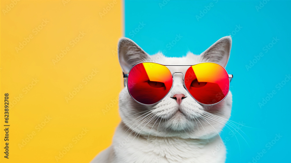 Funny and colorful Cat with sunglasses and a colorful and bright background. Summer vacation concept. generative ai