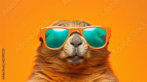 Funny and colorful Beaver with sunglasses and a colorful and bright background. Summer vacation concept. generative ai