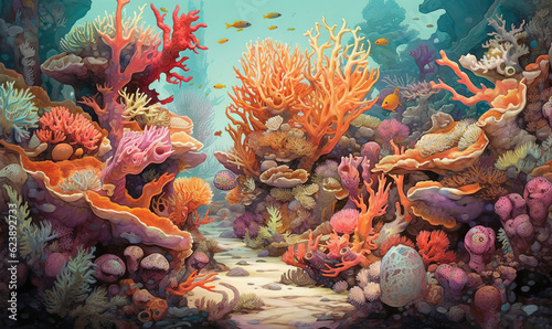  a painting of corals and seaweed on a reef. generative ai