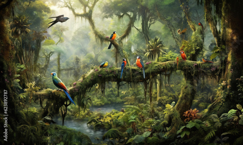  a painting of a jungle with many colorful birds on a branch. generative ai