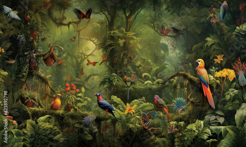 Fototapeta Naklejka Na Ścianę i Meble -   a painting of a jungle with birds and butterflies on it.  generative ai