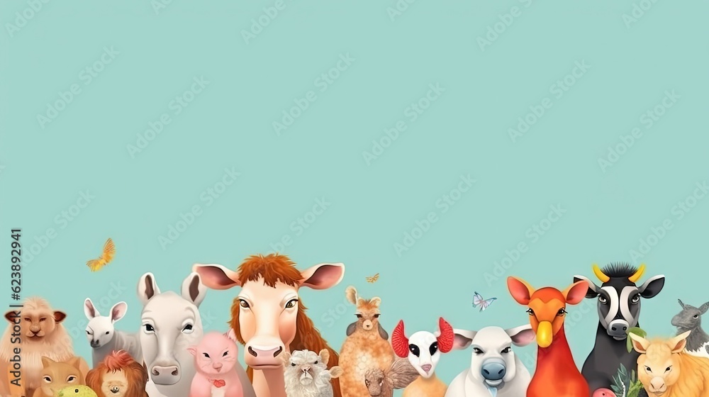  a group of farm animals standing in front of a blue background.  generative ai