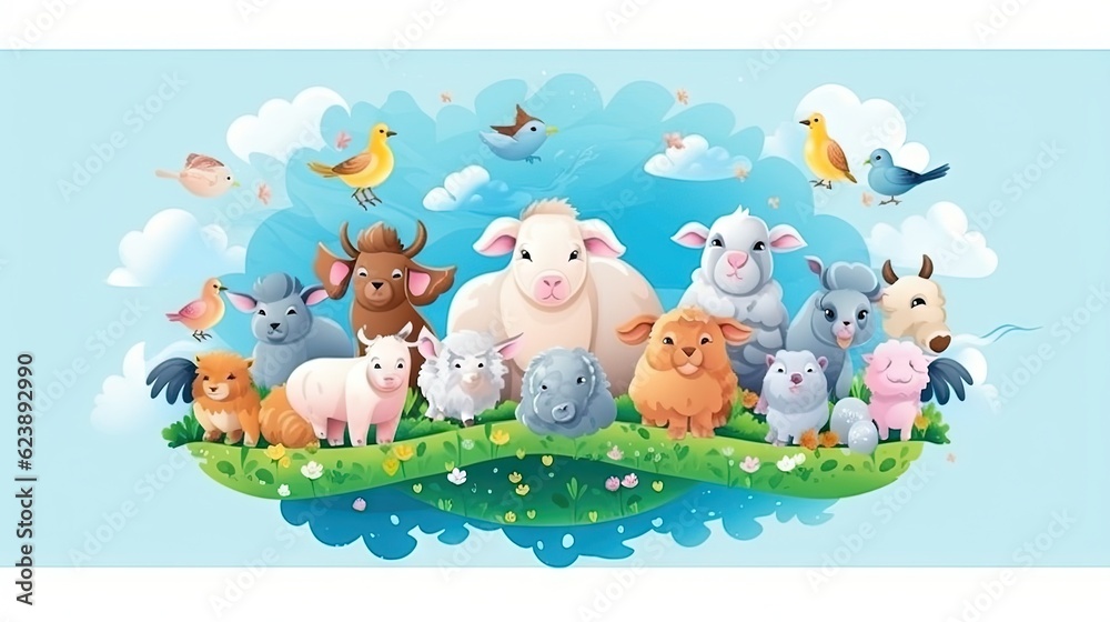 Naklejka premium a herd of animals standing on top of a green field. generative ai