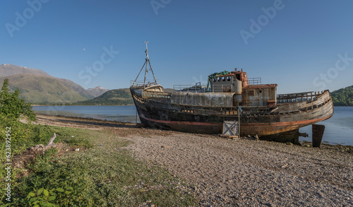 Abandoned fish trawler on the shore of Loch Linnhe.