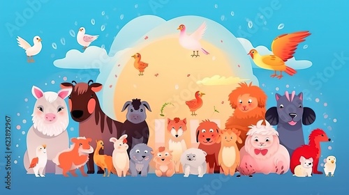  a group of animals standing in front of a large sun. generative ai
