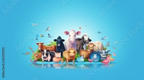  a group of farm animals standing on a blue surface with a sky background.  generative ai