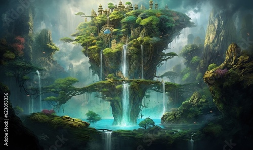  a painting of a waterfall in a forest with a castle on top of it.  generative ai © Anna