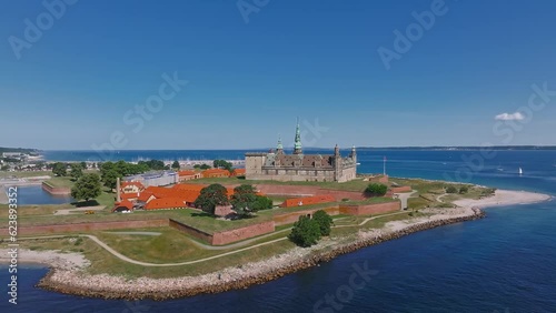 Aerial view of Kronborg castle with ramparts, ravelin guarding the entrance to the Baltic Sea and the Oresund in Helsingor Denmark photo