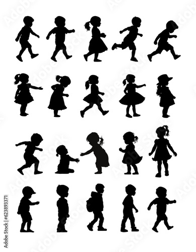 set of children silhouettes, baby silhouette, boy, girl