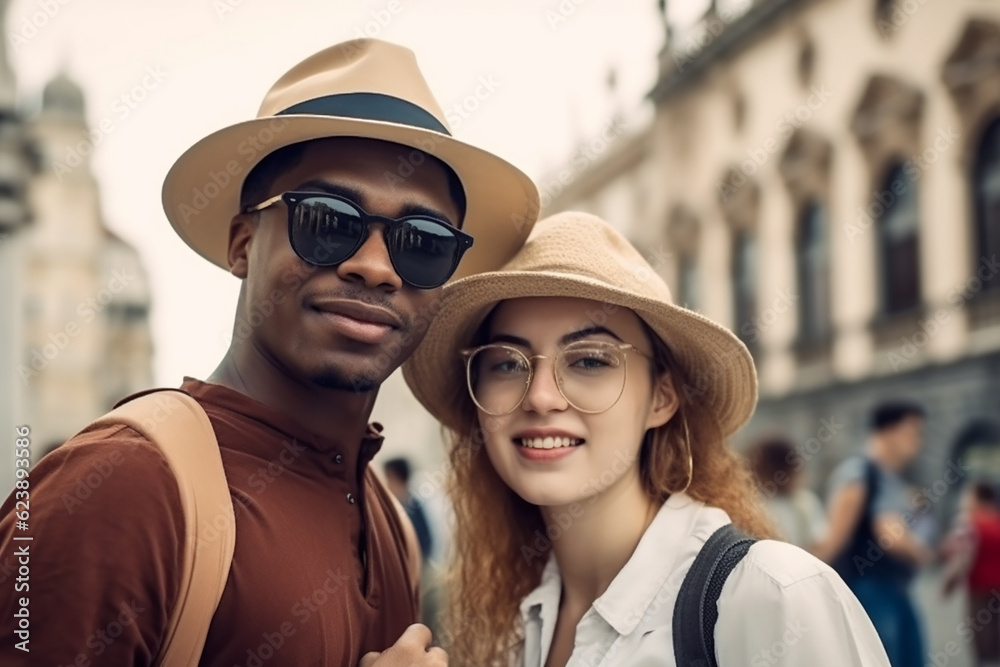 Young smiling multiracial couple travelling. Generative AI Young smiling multiracial couple travelling. Generative AI